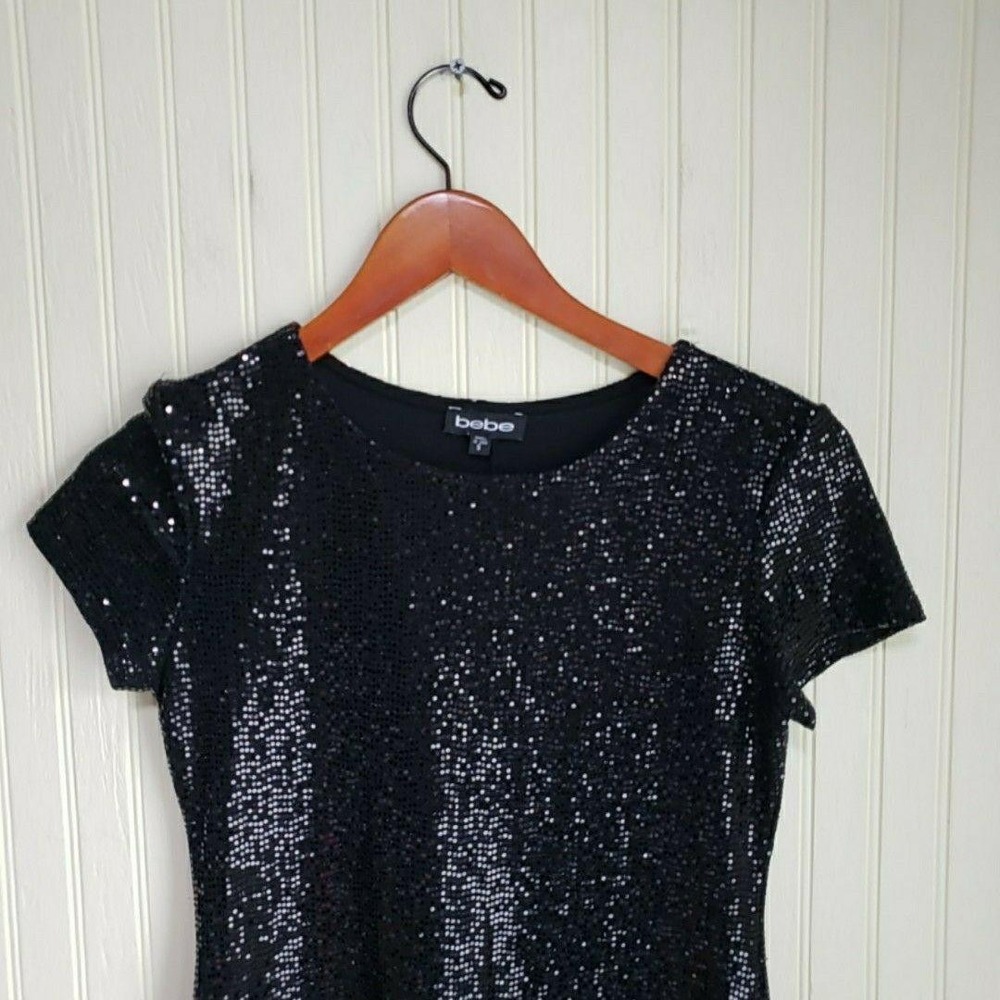 Bebe Dress Womens Small Black Solid Short Sleeve Scoop Neck Bodycon Sequin Mini